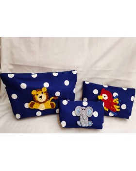 Happy Threads Cotton Storage Pouch with Hand Made Crochet Animals (Dark Blue) Comes in Set of 3